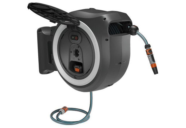 Caja Portamangueras De Pared A Batería Gardena Powerroll Xl 18v P4a, 35 Metros, Enrollador De Manguera Gris/Blanco, Batería Li-Ion 2,5ah, Power For All Alliance 18642-20