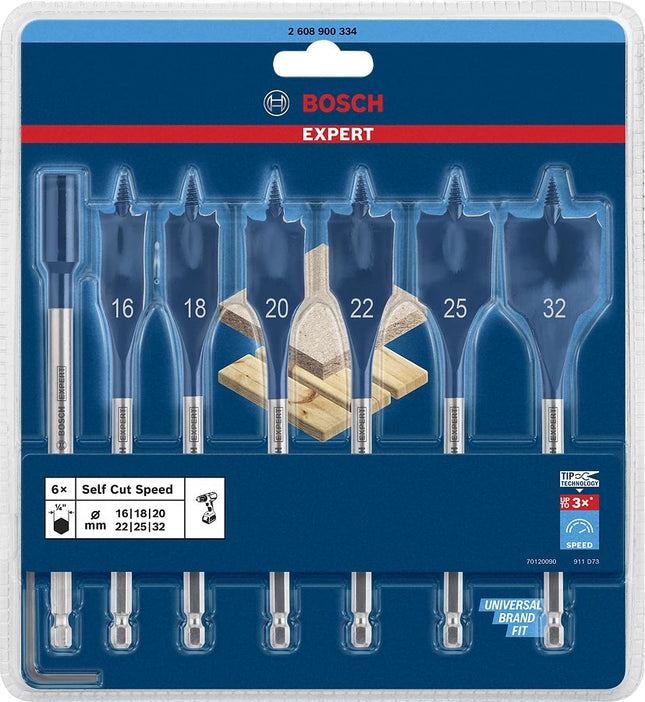 Juego De Brocas De Fresado Plano Bosch Expert Self Cut Speed, 7 Piezas, Ø 16 - 32 Mm (Longitud 152 Mm, Incl. 1 Extensión)  2608900334