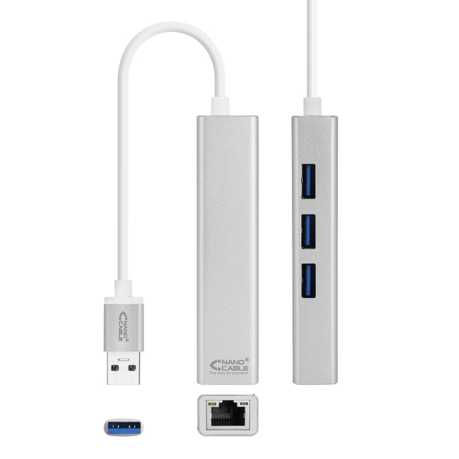 Nanocable Conversor Usb 3.0 A Ethernet Gigabit + 3xusb 3.0 - Aluminio - 15 Cm - Plata