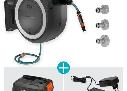 Caja Portamangueras De Pared A Batería Gardena Powerroll Xl 18v P4a, 35 Metros, Enrollador De Manguera Gris/Blanco, Batería Li-Ion 2,5ah, Power For All Alliance 18642-20