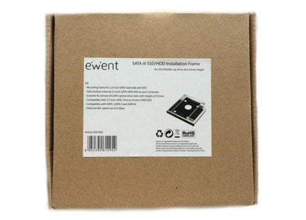 Ewent Sata Iii Ssd/Hdd Installation Frame For Cd/Dvd/Blu-Ray Drive Ewent Ew7003, Acrilonitrilo Butadieno Estireno (Abs), Aluminio, Negro, Blanco, 2.5", 129 Mm, 128 Mm, 9,5 Mm