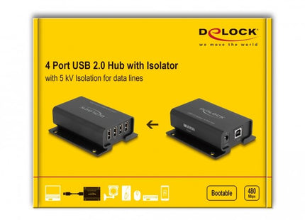 Delock 64226 Concentrador Aislador Usb 2.0 De 4 Puertos Con Aislamiento De 5 Kv Para Líneas De Datos
