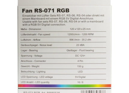 Ventilador Inter-Tech 120 * 120 * 25 Argus Rs-071 Rgb, Kristall-Effek Retail