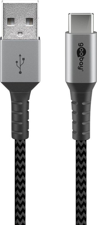 Cable Goobay Usb 2.0, Conector Usb-A > Conector Usb-C (Gris/Plata, 1 Metro, Cable Textil Con Tapones Metálicos)