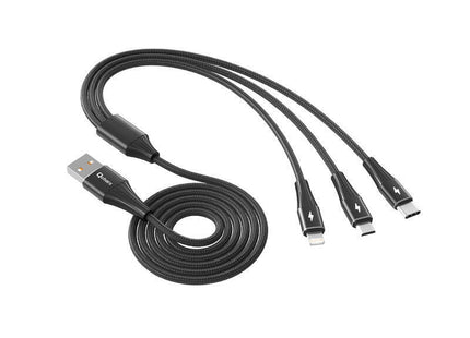 Cable Triple Qcharx Napoli Usb A Lightning + Tipo C + Micro 3a 1.2 M Aleación De Aluminio Negro Cordon Suave