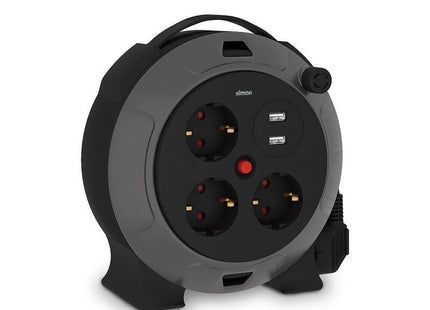 Enrollacables Con 2 Usb A, 3 Tomas 2p+Tt Schuko, 16 A, 230 V~, H05vv-F 3 G 1,5 Mm², 5 M, Negro/Gris