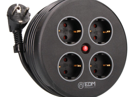 Enrollacables Con 4 Tomas 2p+T Schuko, Con Protección, 16 A 250 V, Cable H05vv-F 3g1,5mm² De 5 M, Negro