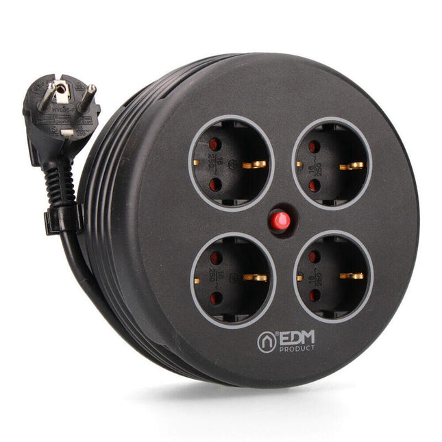 Enrollacables Con 4 Tomas 2p+T Schuko, Con Protección, 16 A 250 V, Cable H05vv-F 3g1,5mm² De 5 M, Negro