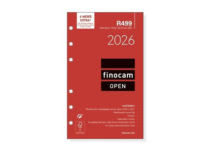Finocam R499 Recambio Anual 2026 Para Agendas Open 2026 - Formato 400 - 91x8x152mm - Semana Vista En Vertical - Color
