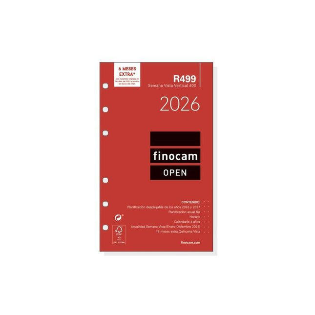 Finocam R499 Recambio Anual 2026 Para Agendas Open 2026 - Formato 400 - 91x8x152mm - Semana Vista En Vertical - Color
