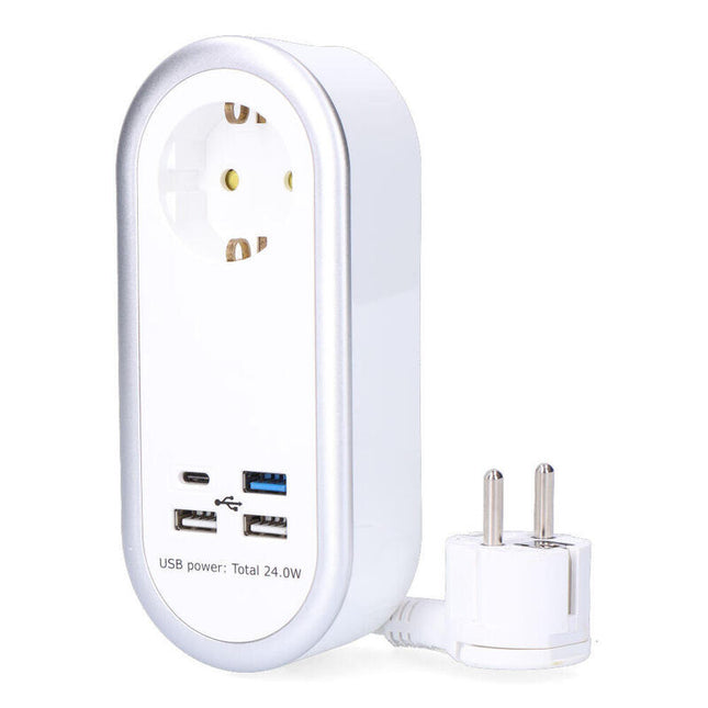 Prolongador Con 1 Toma 2p+T Schuko, 4 Usb (3 X A + 1 X C), 16 A 250 V, Cable H05vv-F, 3g1,5mm² De 1,5 M, Blanco