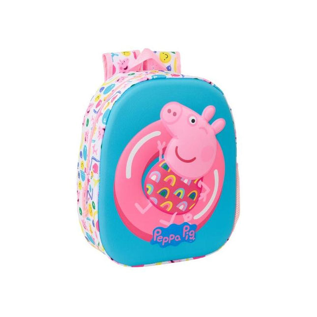 Safta Peppa Pig Mochila 3d - Asa De Mano - Portabotellas Lateral - 27x33x10cm - Azul/Rosa