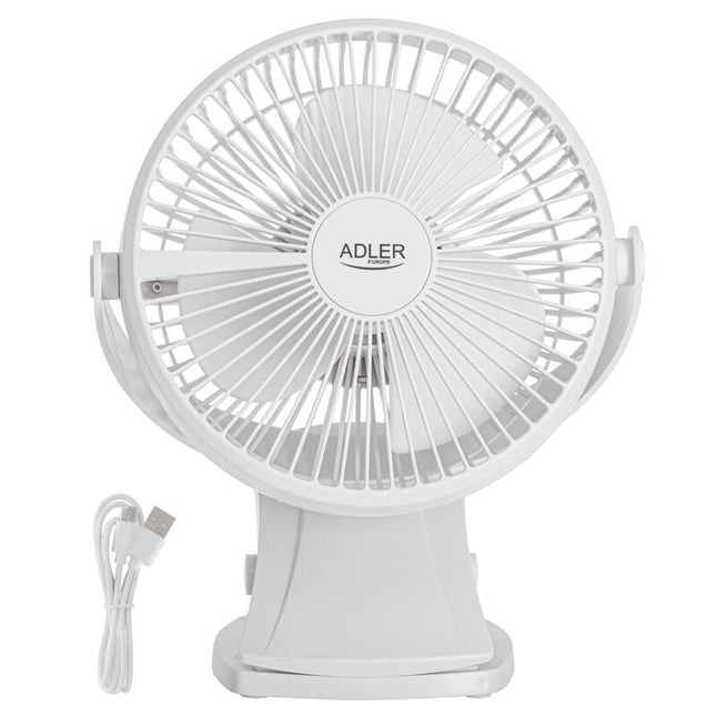 Ventilador De Escritorio Recargable Adler Ad 7342 Con Clip, 15,5 Cm, Rotación De 360°, Usb-C, Blanco