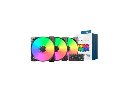 Ventilador Pc  Montech Hp140 Argb Pwm 140x140x25, Negro, Paquete De 3, 140 Mm Hp140 Argb Pwm 3 In 1 Pack
